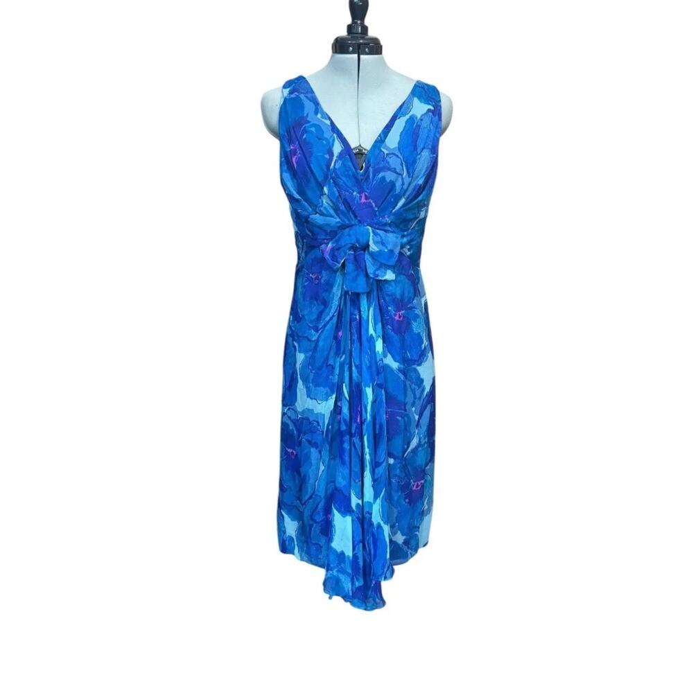 Vintage Blue Floral Chiffon Dress Draped V-Neck Tie Waist Cocktail Party M 1960s